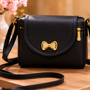 Women's Stylish Black Sling Bag with Golden Bow Lock – Premium Crossbody Bag
