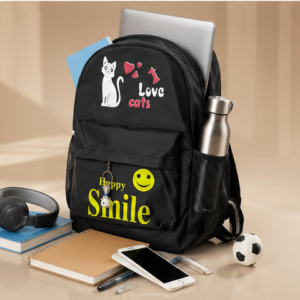 Cute Cat Print School Backpack for Girls | Multi-Compartment School & College Backpack | Lightweight Casual Travel Bag | Black