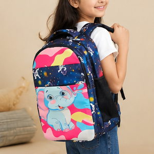 Kids School Backpack | Cute Elephant Print School Bag | Multi-Compartment Backpack for Girls | Lightweight Casual Travel & Daily Use | Navy Blue