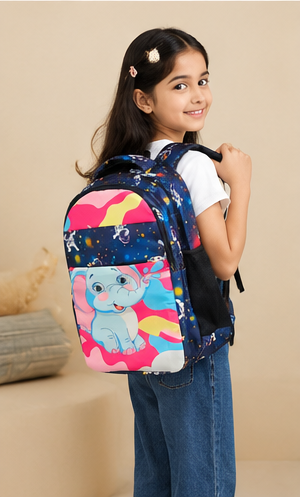 Kids School Backpack | Cute Elephant Print School Bag | Multi-Compartment Backpack for Girls | Lightweight Casual Travel & Daily Use | Navy Blue