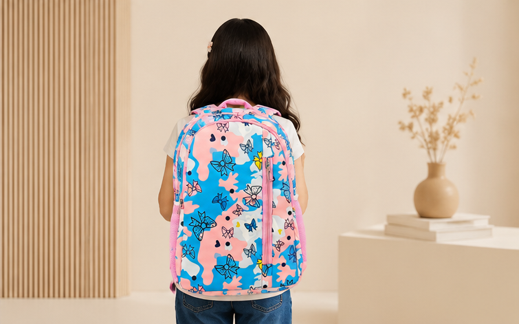 Kids School Backpack | Floral Print School Bag | Multi-Compartment Backpack for Girls | Lightweight School, Travel & Daily Use | Pink & Blue - Image 5