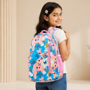Kids School Backpack | Floral Print School Bag | Multi-Compartment Backpack for Girls | Lightweight School, Travel & Daily Use | Pink & Blue