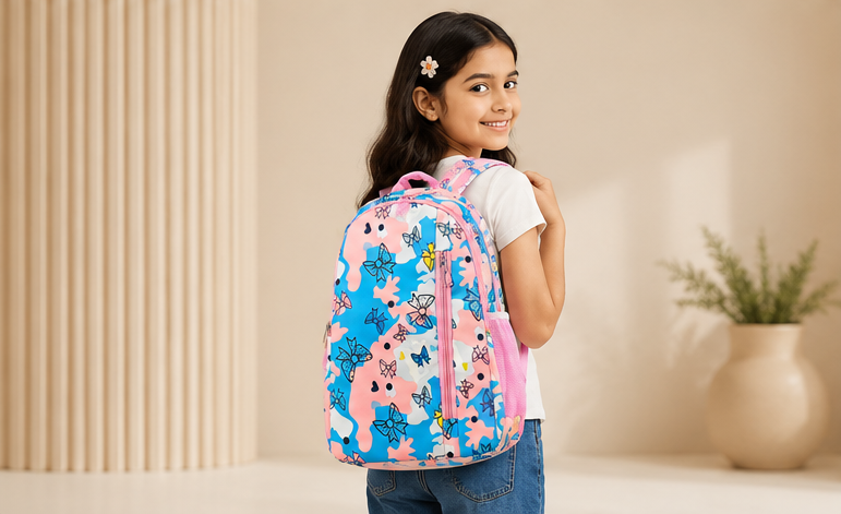 Kids School Backpack | Floral Print School Bag | Multi-Compartment Backpack for Girls | Lightweight School, Travel & Daily Use | Pink & Blue
