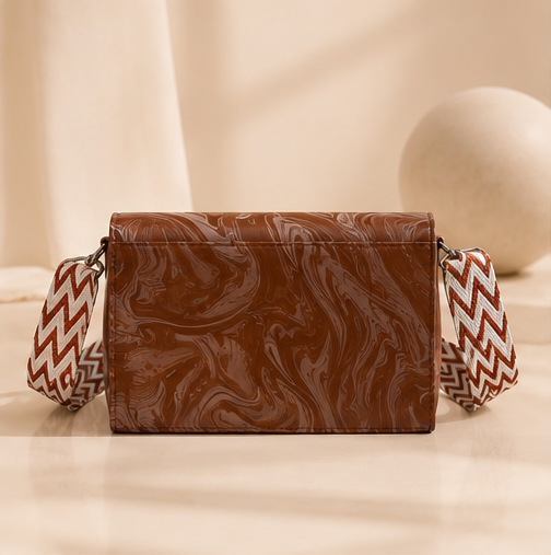 Women's Premium Marble Print Sling Bag | Adjustable Wide Strap | Magnetic Flap Closure | Brown - Image 2