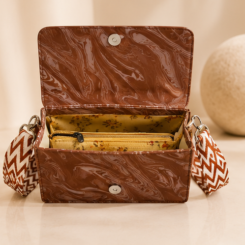 Women's Premium Marble Print Sling Bag | Adjustable Wide Strap | Magnetic Flap Closure | Brown - Image 4