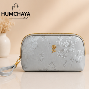 Women's Premium Floral Pouch | Travel Toiletry Organizer | Multi-Compartment Vanity Bag with Wrist Strap | Light Grey