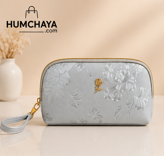 Women's Premium Floral Pouch | Travel Toiletry Organizer | Multi-Compartment Vanity Bag with Wrist Strap | Light Grey